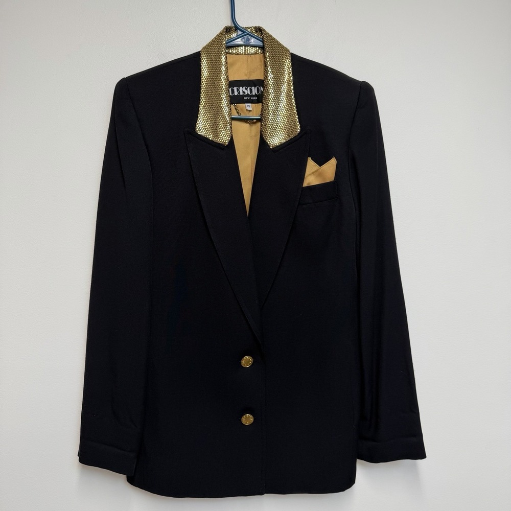 Vintage 80s Criscione Blazer XS Black Metallic Gold Mesh Collar Buttons